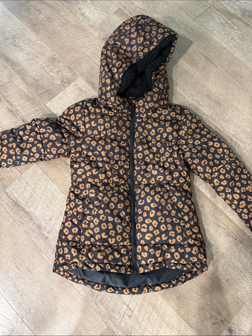 Girls Hooded Leopard-Print Puffer Coat - Black & Tan